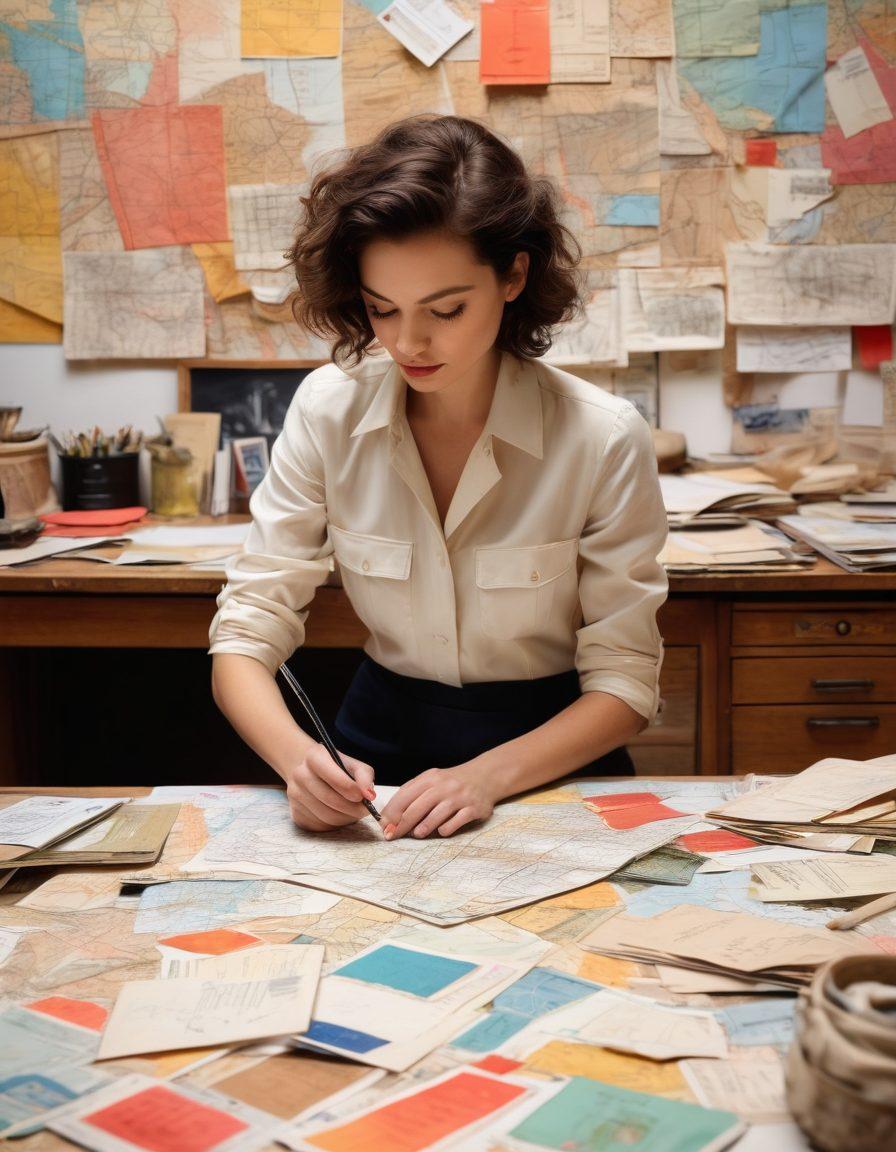 An artistic fusion of a fashion designer sketching garments while surrounded by vintage postal elements like mailbags, stamps, and envelopes. The scene should radiate creativity, combining vibrant colors that highlight both fashion and postal themes. Incorporate elements of fabric swatches intertwined with postal routes on a map in the background. A blend of modern and vintage aesthetics will enhance the overall experience. super-realistic. vibrant colors.