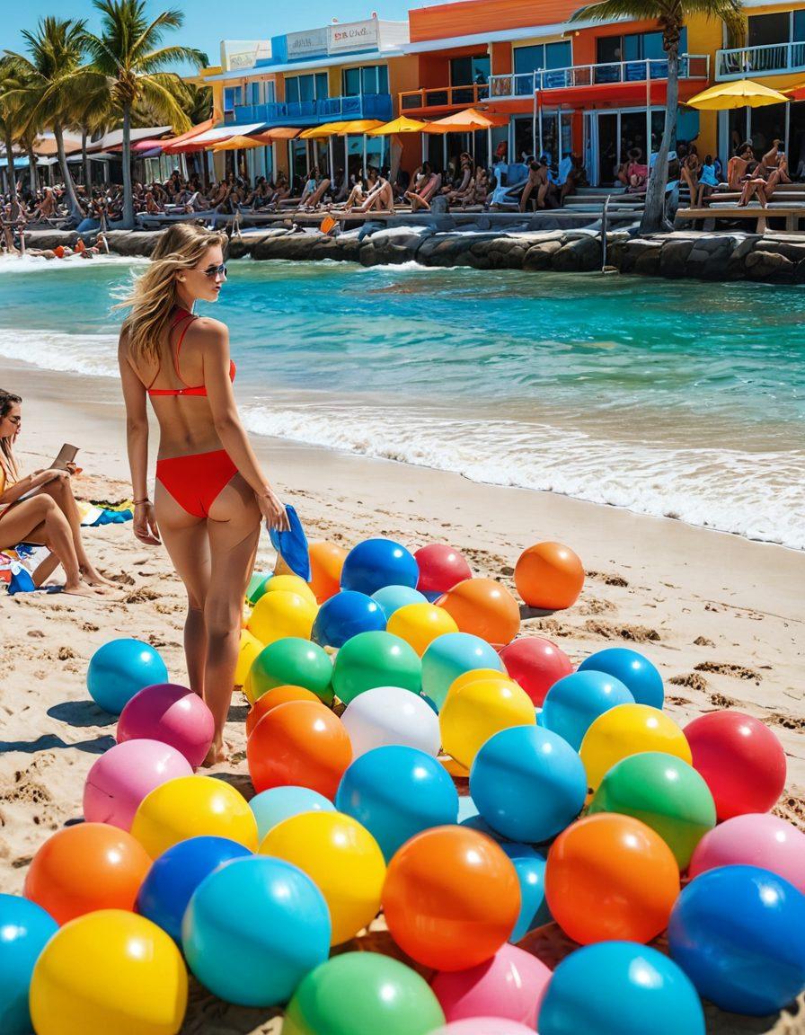 A split scene showcasing a lively beach with models in stylish bikinis on one side, and on the other side, a vibrant postal service office with employees examining fashion designs. The sun shines brightly, casting warm rays over both scenes, emphasizing the fusion of summer vibes and professionalism. Add playful elements like beach balls and envelopes floating in the air. super-realistic. vibrant colors. 3D.