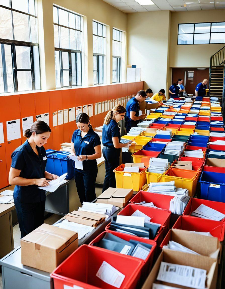 A busy mailroom filled with diverse employees sorting letters and packages, showcasing teamwork and efficiency. Colorful mail bins and stacks of parcels create a dynamic and vibrant atmosphere. An upward staircase symbolizes career growth, guiding viewers towards future opportunities in postal services. Bright sunlight filters through windows, illuminating the scene. super-realistic. vibrant colors. 3D.
